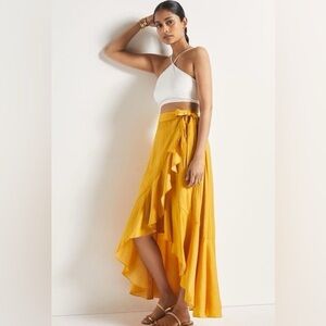 Anthropologie Maeve Ruffle Wrap Midi Skirt in Mango, Size XS